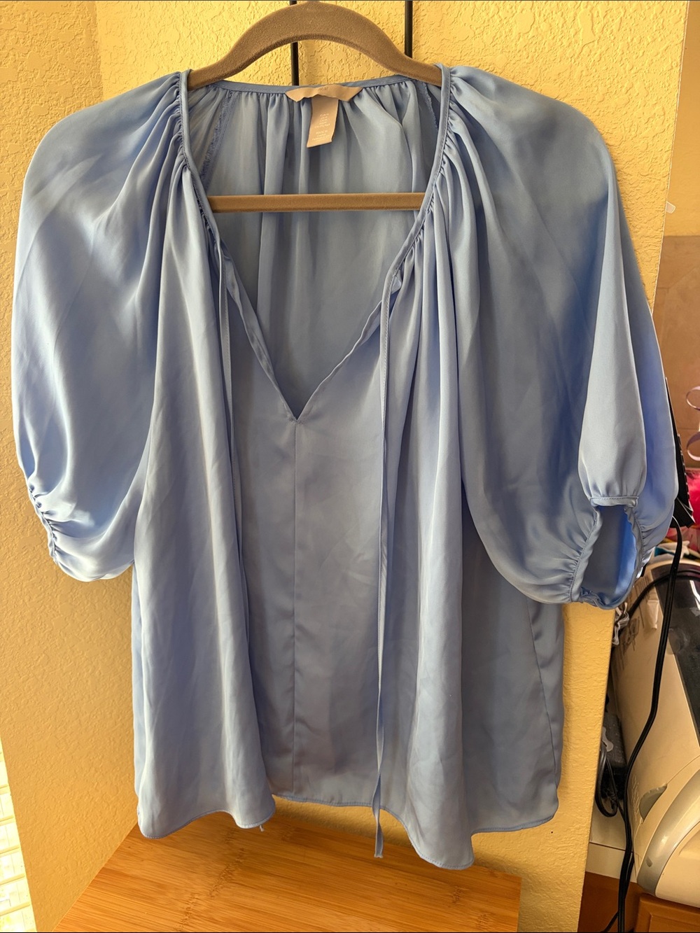 H&M Light Blue V-Neck Peasant Blouse with Puff Sleeves